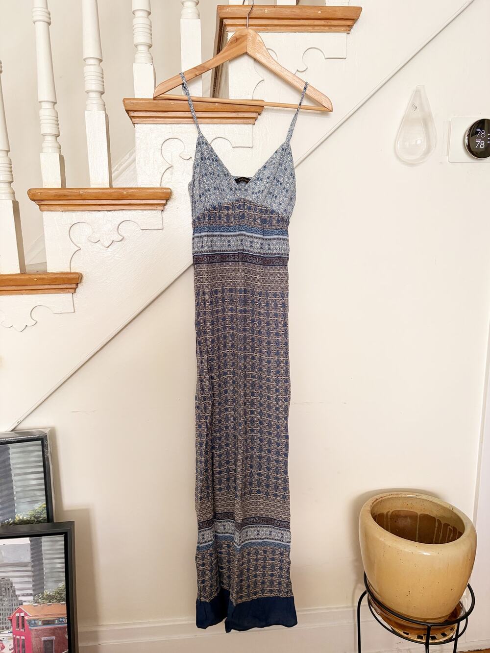Zara Basic Blue Boho Print Maxi Dress Flowy Summer Dress Size Small